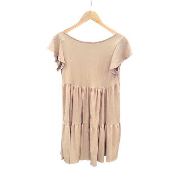 See You Monday Tan V-Neck Dress - Women’s Size Medium, Short Sleeve & Flowy - Picture 2 of 4